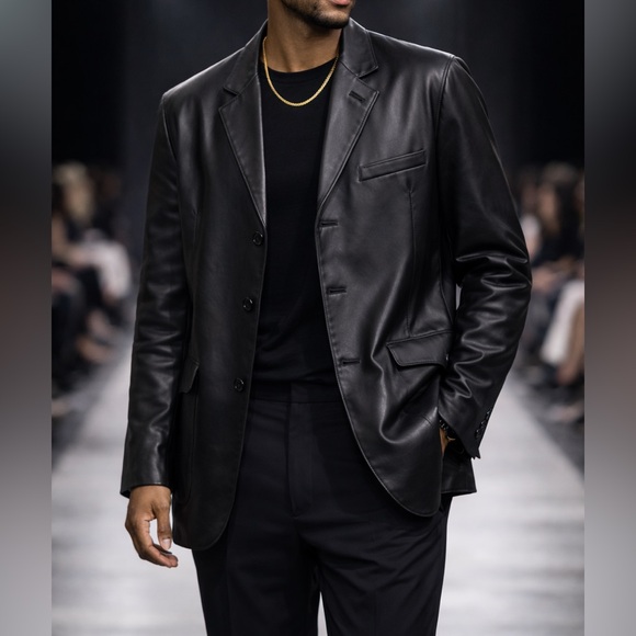 Vintage Mens Black Leather Blazer Jacket With Front Square Pockets Size XL